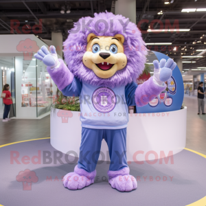 Lavender Lion mascot costume character dressed with a Flare Jeans and Rings