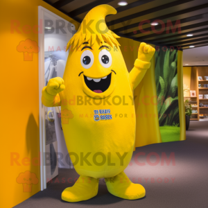 Yellow Banana mascot costume character dressed with a Jumpsuit and Messenger bags