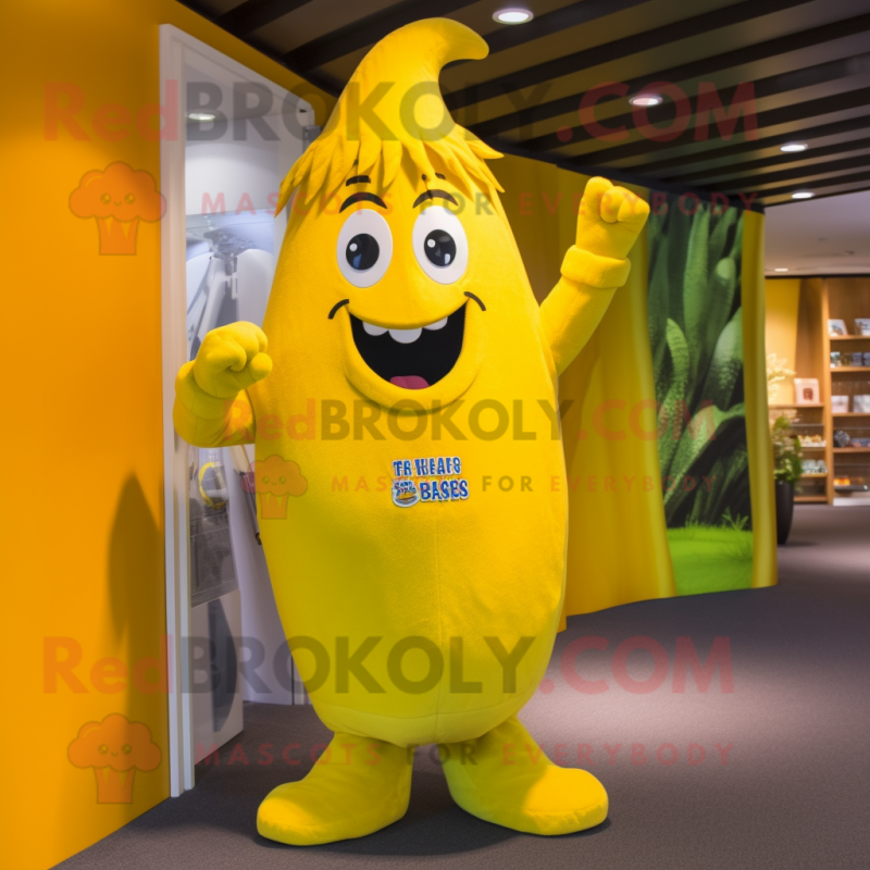 Yellow Banana mascot costume character dressed with a Jumpsuit and Messenger bags Yellow Banana mascot costume character dressed with a Jumpsuit and Messenger bags