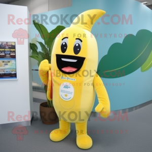 Yellow Banana mascot costume character dressed with a Jumpsuit and Messenger bags