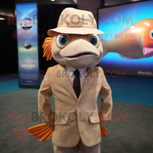 Tan Betta Fish mascot costume character dressed with a Suit Jacket and Caps