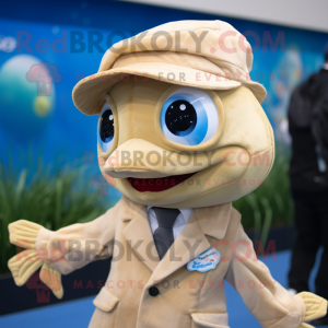 Tan Betta Fish mascot costume character dressed with a Suit Jacket and Caps