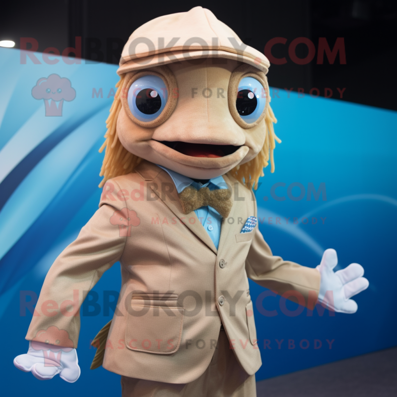 Tan Betta Fish mascot costume character dressed with a Suit Jacket and Caps