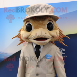 Tan Betta Fish mascot costume character dressed with a Suit Jacket and Caps