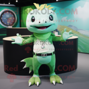 Green Axolotls mascot costume character dressed with a Henley Shirt and Bracelet watches