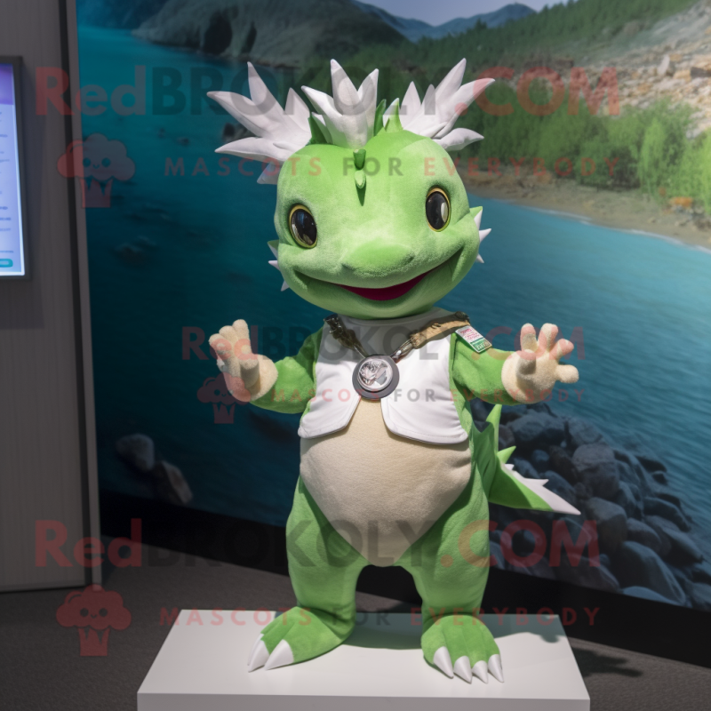 Green Axolotls mascot costume character dressed with a Henley Shirt and Bracelet watches