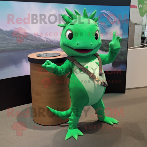 Green Axolotls mascot costume character dressed with a Henley Shirt and Bracelet watches