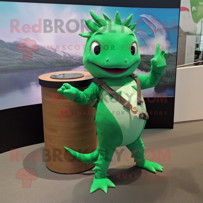 Green Axolotls mascot costume character dressed with a Henley Shirt and Bracelet watches Green Axolotls mascot costume character dressed with a Henley Shirt and Bracelet watches
