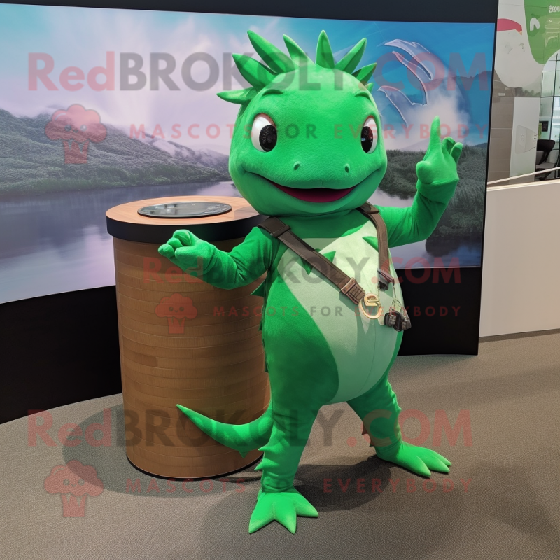 Green Axolotls mascot costume character dressed with a Henley Shirt and Bracelet watches