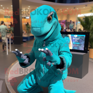 Turquoise Komodo Dragon mascot costume character dressed with a Hoodie and Smartwatches