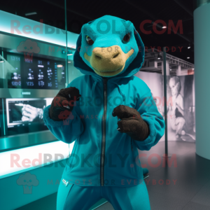 Turquoise Komodo Dragon mascot costume character dressed with a Hoodie and Smartwatches