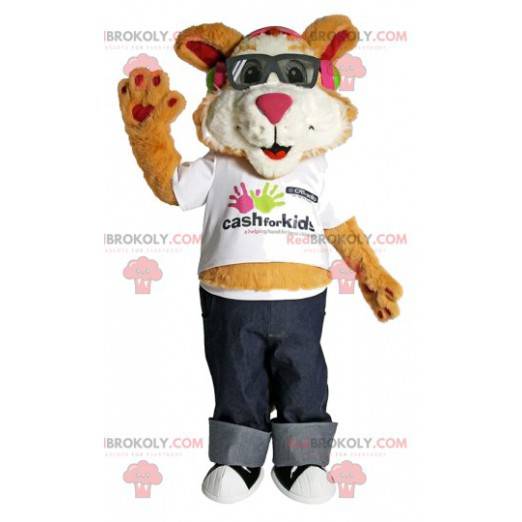 Mascotte leone comico con i suoi occhiali da sole -