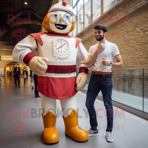 Beige Swiss Guard mascot costume character dressed with a Boyfriend Jeans and Digital watches