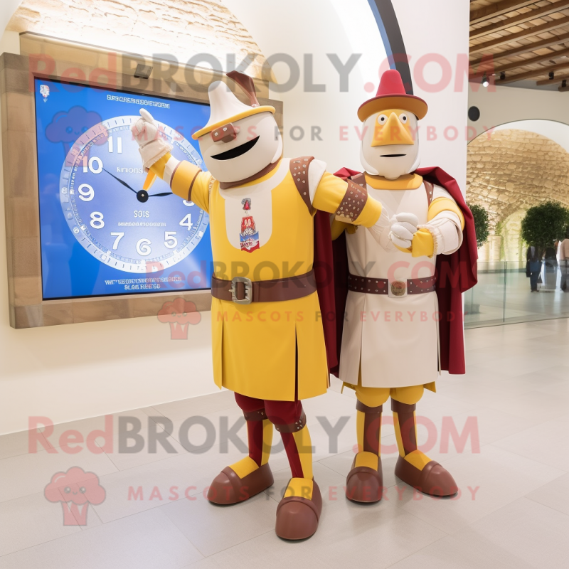 Beige Swiss Guard mascot costume character dressed with a Boyfriend Jeans and Digital watches