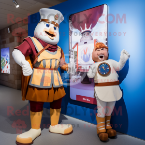 Beige Swiss Guard mascot costume character dressed with a Boyfriend Jeans and Digital watches