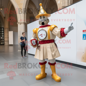 Beige Swiss Guard mascot costume character dressed with a Boyfriend Jeans and Digital watches