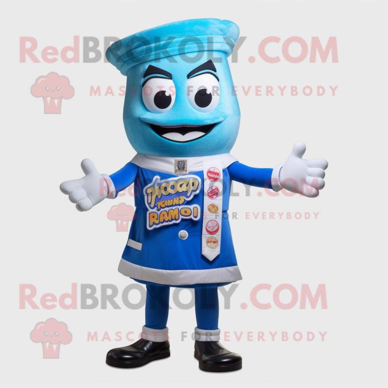 Blue Ramen mascot costume character dressed with a Waistcoat and Shoe clips