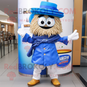 Blue Ramen mascot costume character dressed with a Waistcoat and Shoe clips