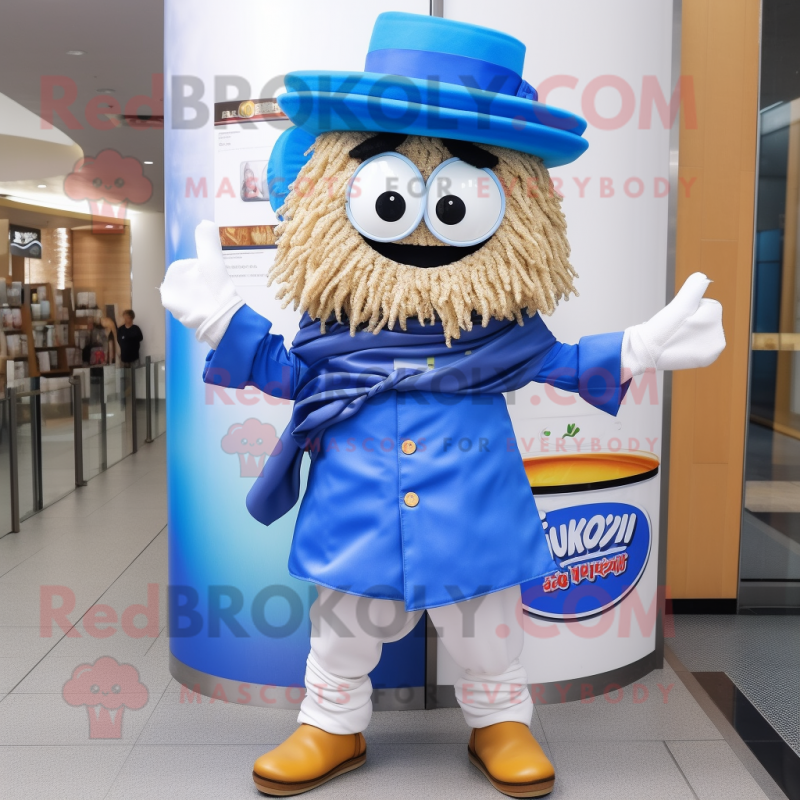 Blue Ramen mascot costume character dressed with a Waistcoat and Shoe clips