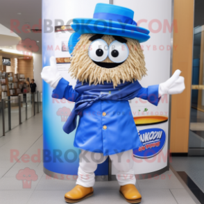 Blue Ramen mascot costume character dressed with a Waistcoat and Shoe clips