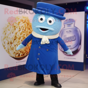 Blue Ramen mascot costume character dressed with a Waistcoat and Shoe clips