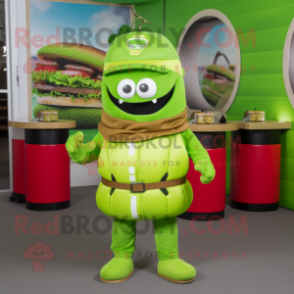 Lime Green Burgers mascot costume character dressed with a Parka and Belts