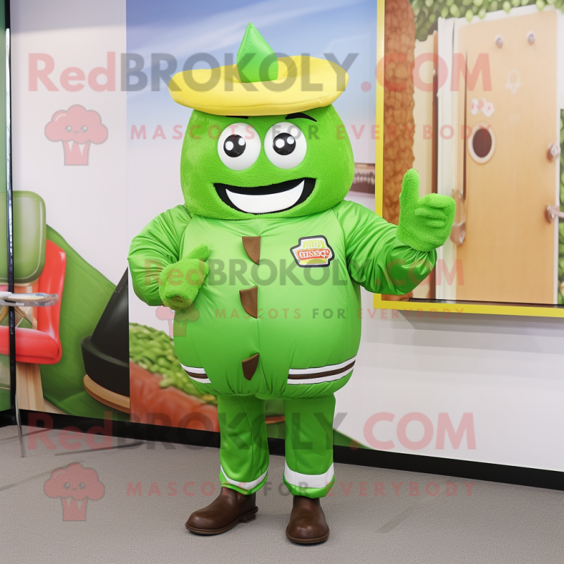 Lime Green Burgers mascot costume character dressed with a Parka and Belts Lime Green Burgers mascot costume character dressed with a Parka and Belts