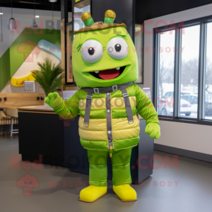 Lime Green Burgers mascot costume character dressed with a Parka and Belts