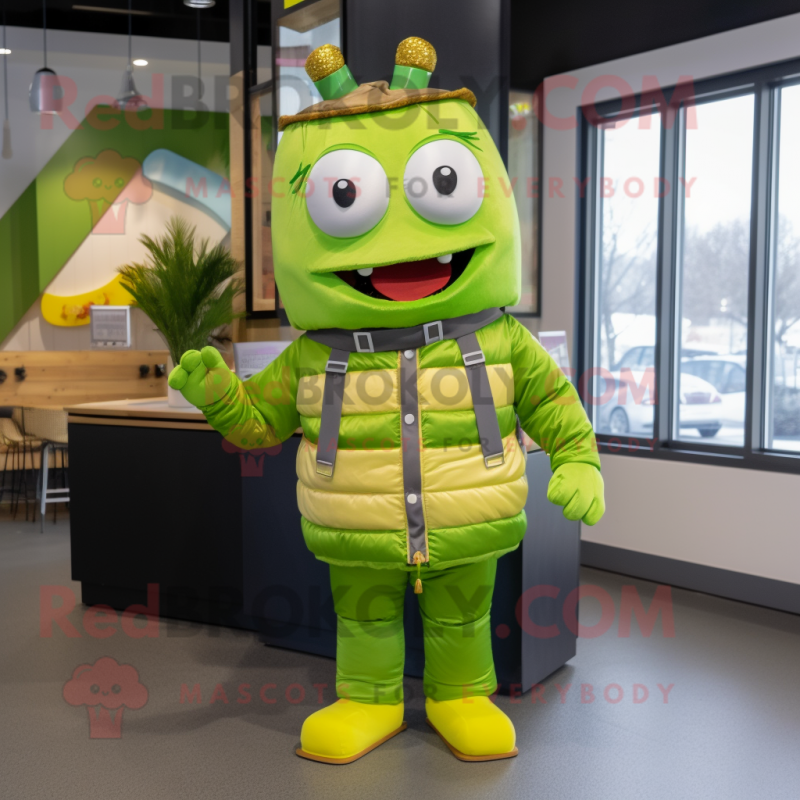 Lime Green Burgers mascot costume character dressed with a Parka and Belts Lime Green Burgers mascot costume character dressed with a Parka and Belts