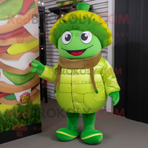 Lime Green Burgers mascot costume character dressed with a Parka and Belts