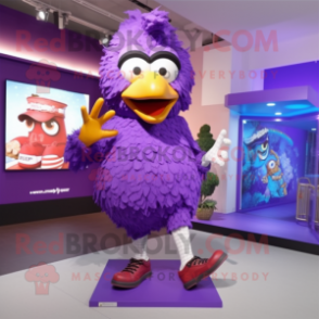 Purple Fried Chicken mascot costume character dressed with a Leggings and Shoe clips