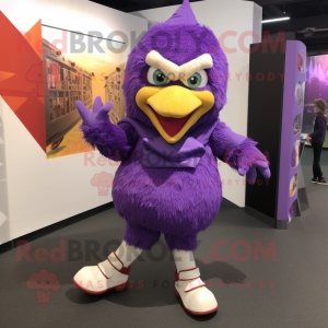 Purple Fried Chicken mascot costume character dressed with a Leggings and Shoe clips