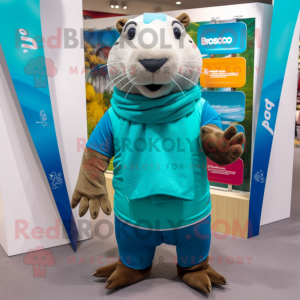 Teal Capybara mascot costume character dressed with a Polo Shirt and Scarves