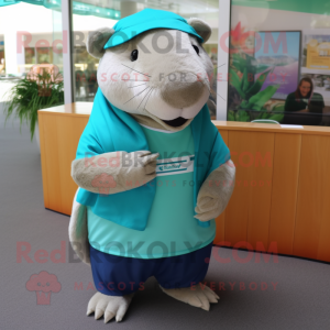 Teal Capybara mascot costume character dressed with a Polo Shirt and Scarves