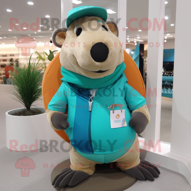 Teal Capybara mascot costume character dressed with a Polo Shirt and Scarves