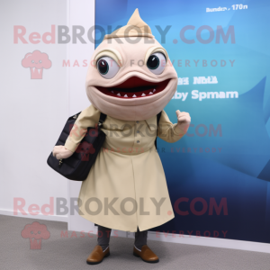 Beige Tuna mascot costume character dressed with a Pencil Skirt and Digital watches