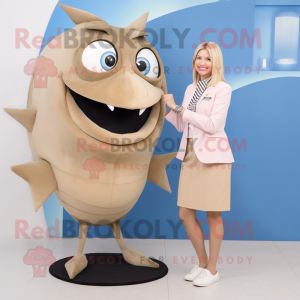 Beige Tuna mascot costume character dressed with a Pencil Skirt and Digital watches