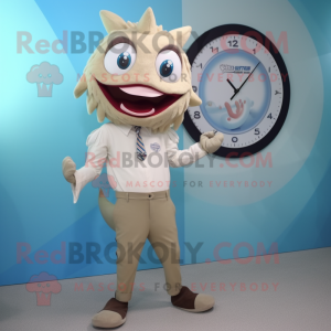 Beige Tuna mascot costume character dressed with a Pencil Skirt and Digital watches