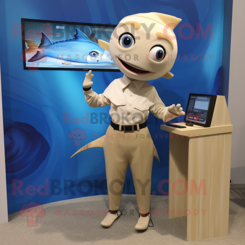 Beige Tuna mascot costume character dressed with a Pencil Skirt and Digital watches