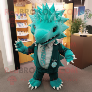 Turquoise Stegosaurus mascot costume character dressed with a Suit Pants and Necklaces