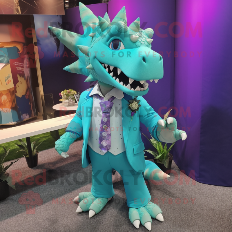 Turquoise Stegosaurus mascot costume character dressed with a Suit Pants and Necklaces Turquoise Stegosaurus mascot costume character dressed with a Suit Pants and Necklaces