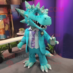 Turquoise Stegosaurus mascot costume character dressed with a Suit Pants and Necklaces