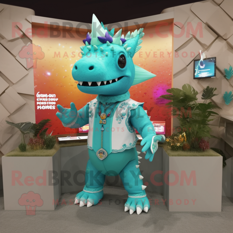 Turquoise Stegosaurus mascot costume character dressed with a Suit Pants and Necklaces