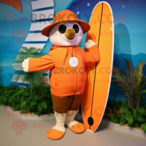 Orange Surfboard mascot costume character dressed with a Parka and Hat pins