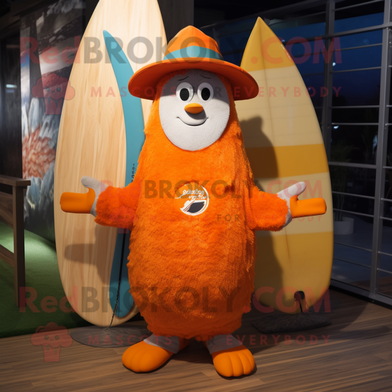 Orange Surfboard mascot costume character dressed with a Parka and Hat pins Orange Surfboard mascot costume character dressed with a Parka and Hat pins