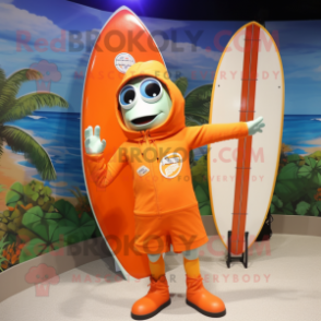 Orange Surfboard mascot costume character dressed with a Parka and Hat pins