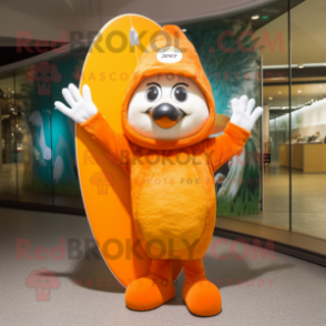 Orange Surfboard mascot costume character dressed with a Parka and Hat pins