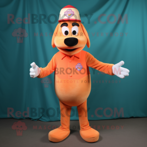 Peach Hot Dogs mascot costume character dressed with a Henley Shirt and Caps