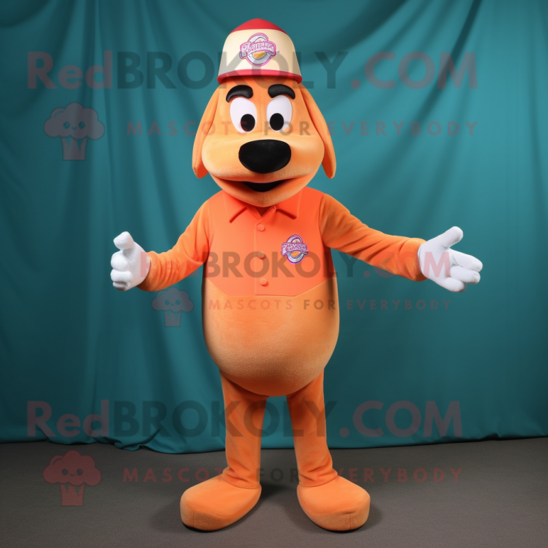 Peach Hot Dogs mascot costume character dressed with a Henley Shirt and Caps Peach Hot Dogs mascot costume character dressed with a Henley Shirt and Caps