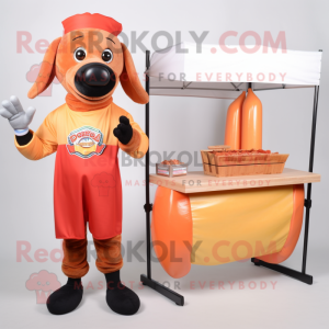 Peach Hot Dogs mascot costume character dressed with a Henley Shirt and Caps
